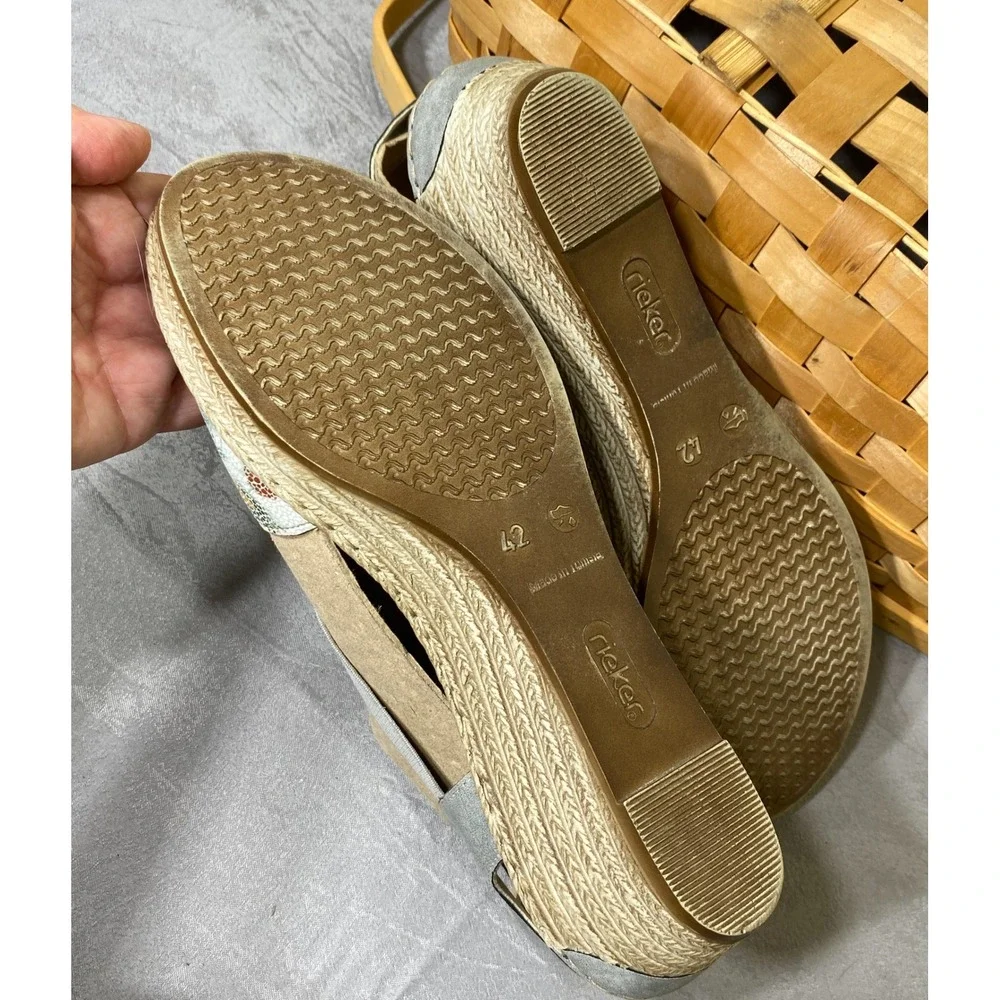 Rieker Antistress Floral Metallic Grey Wedge Espadrille Sandals 42 V8502-42